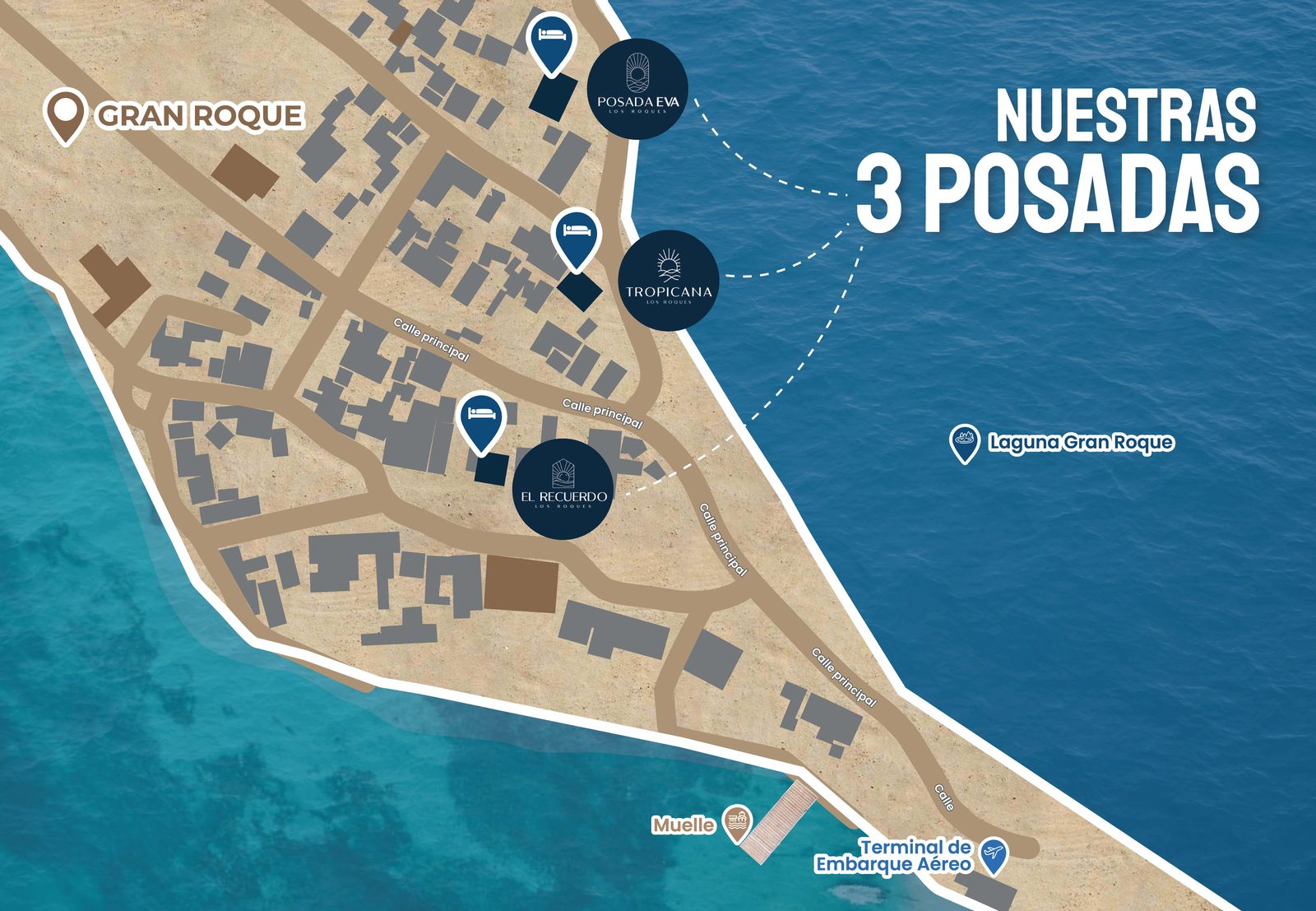 Mapa del Gran Roque con la ubicación de Posada Eva, Tropicana y El Recuerdo